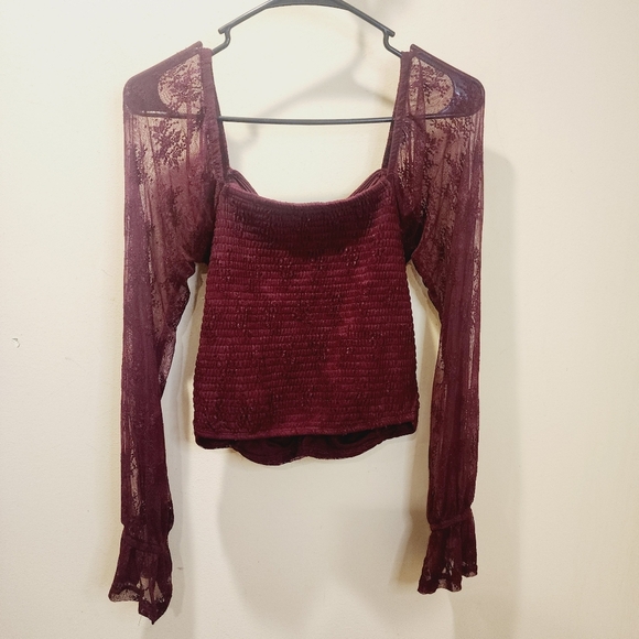 SELF E Red Burgundy Long Sleeves Lace Rush Blouse size S - Picture 9 of 11